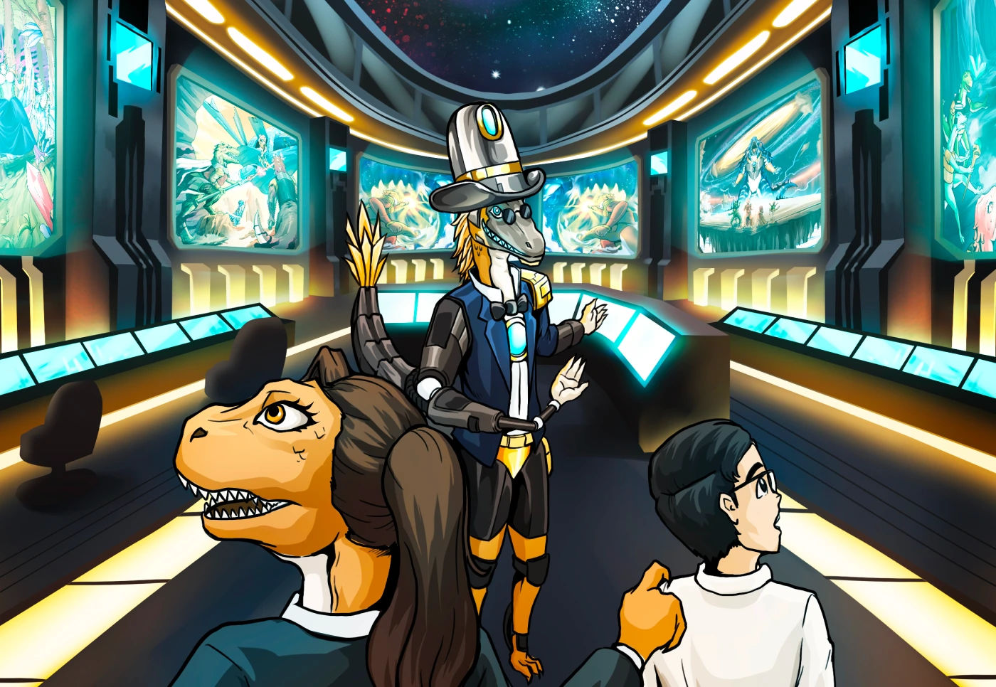 The Dino Loco heroes facing a glowing portal in space, illustrated by Ardee Delmo