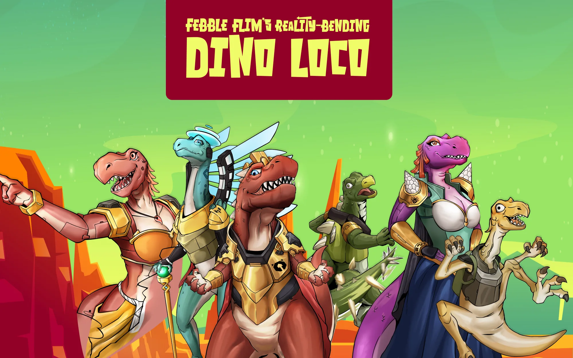 The Dino Loco cast of dinosaur heroes under the Febble Flim title