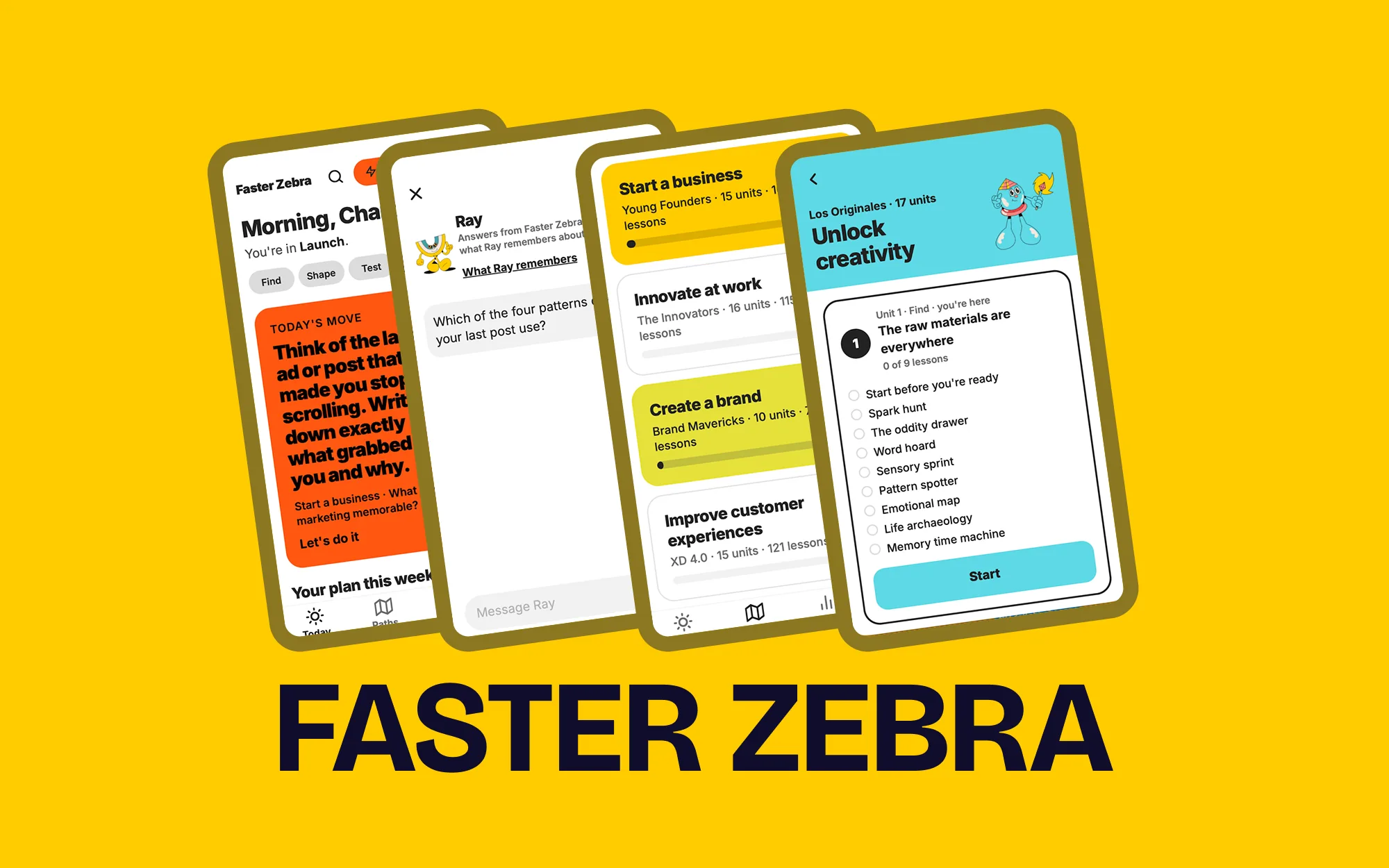 Four screens from the Faster Zebra app