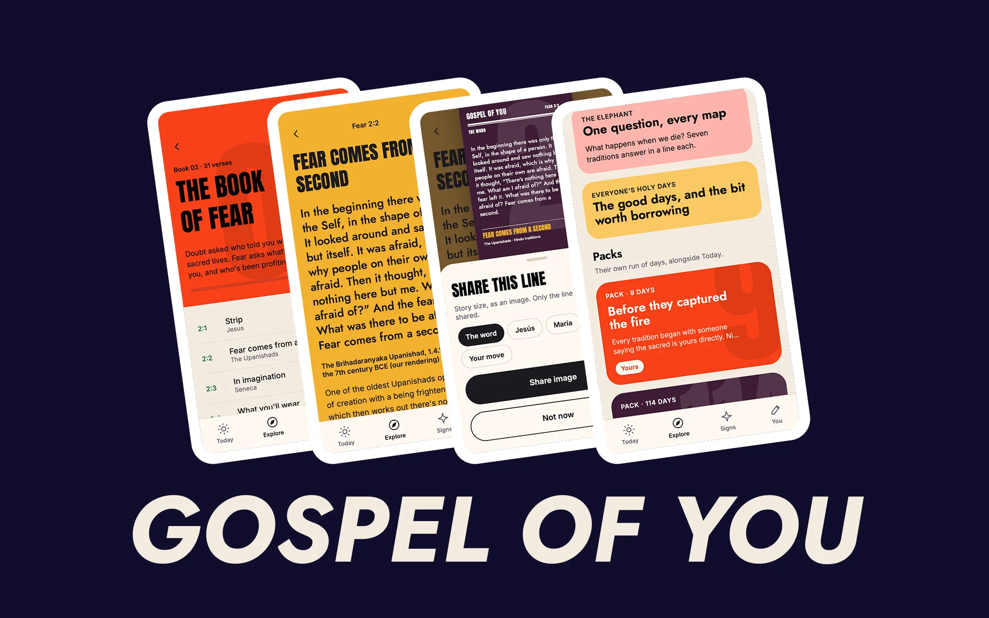 Four screens from the Gospel of You app