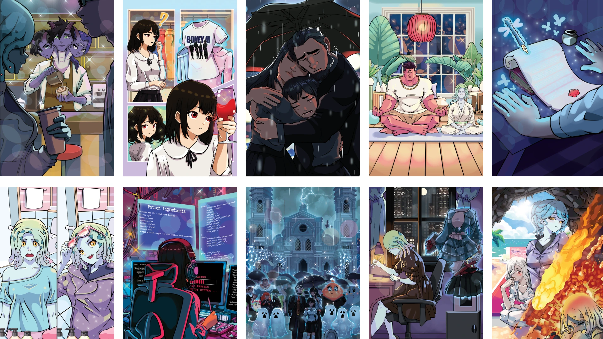 Illustrated scenes from the Momo & Yeti world