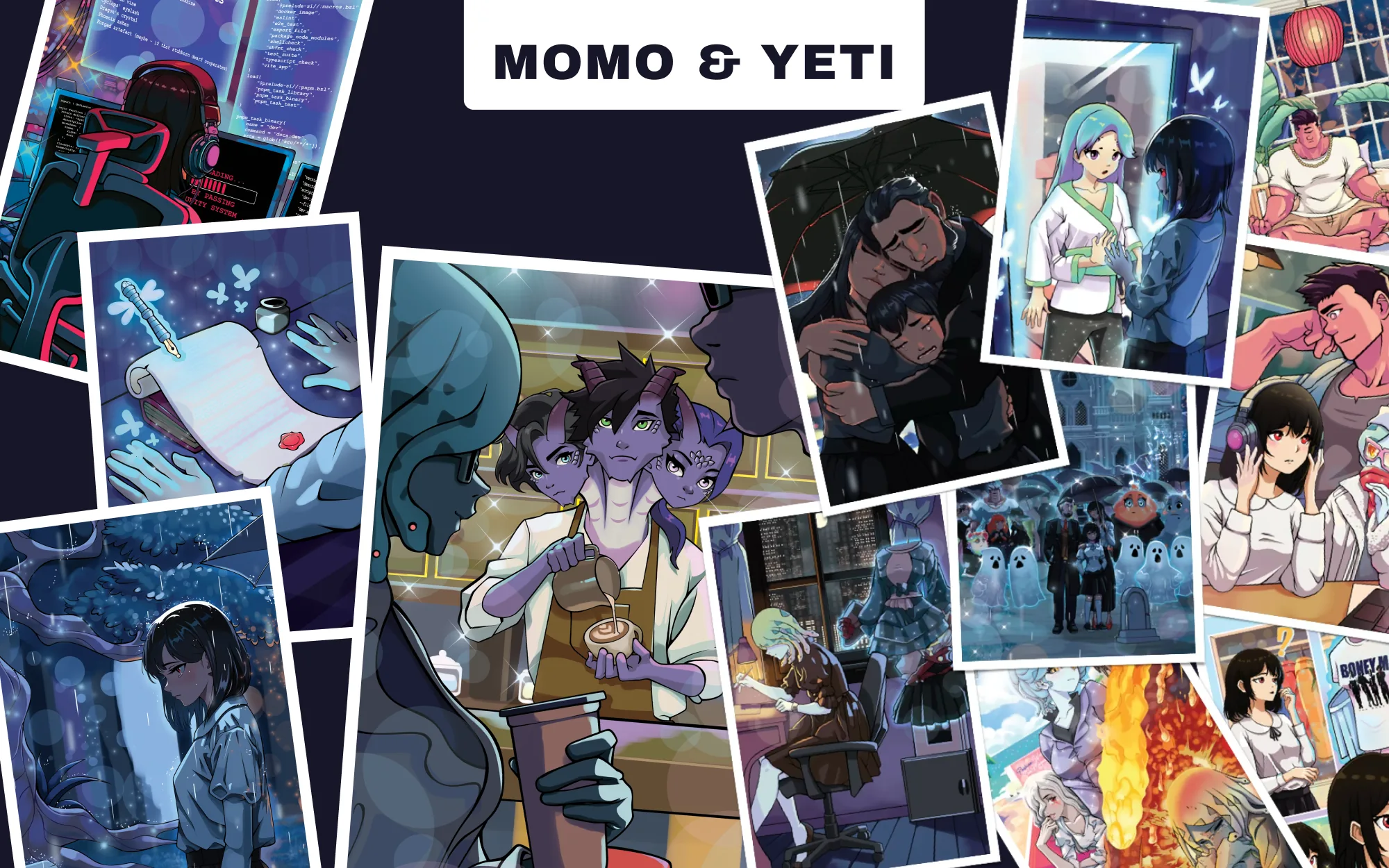 A collage of Momo & Yeti characters and scenes